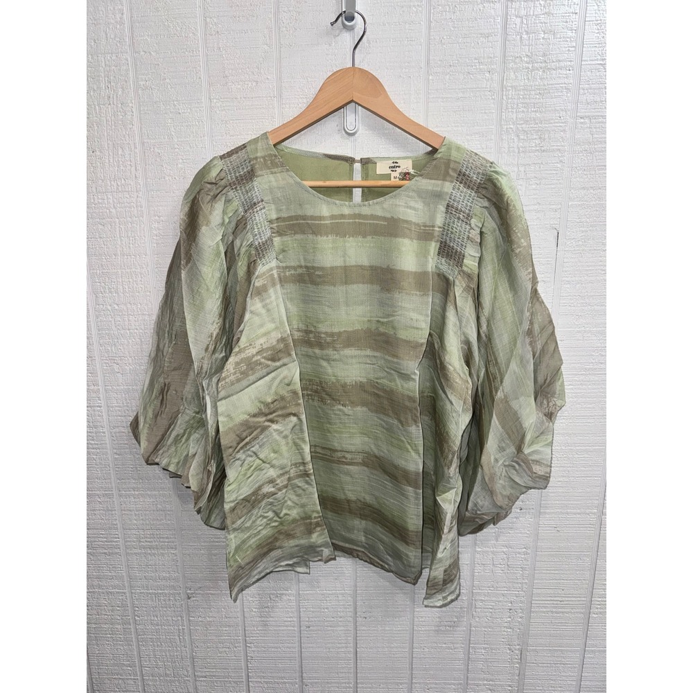 Entro Blouse Women Sage Green Brushstroke Balloon Sleeve T22347 Medium NWT